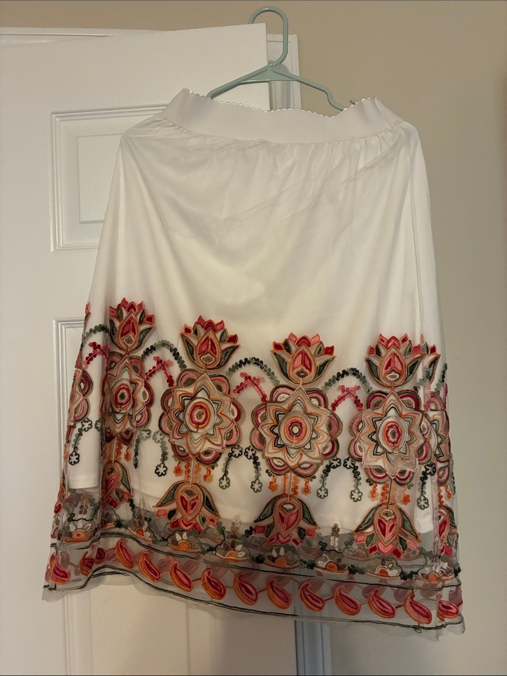 Magic White A-Line Midi Skirt with Multicolor Floral Embroidery